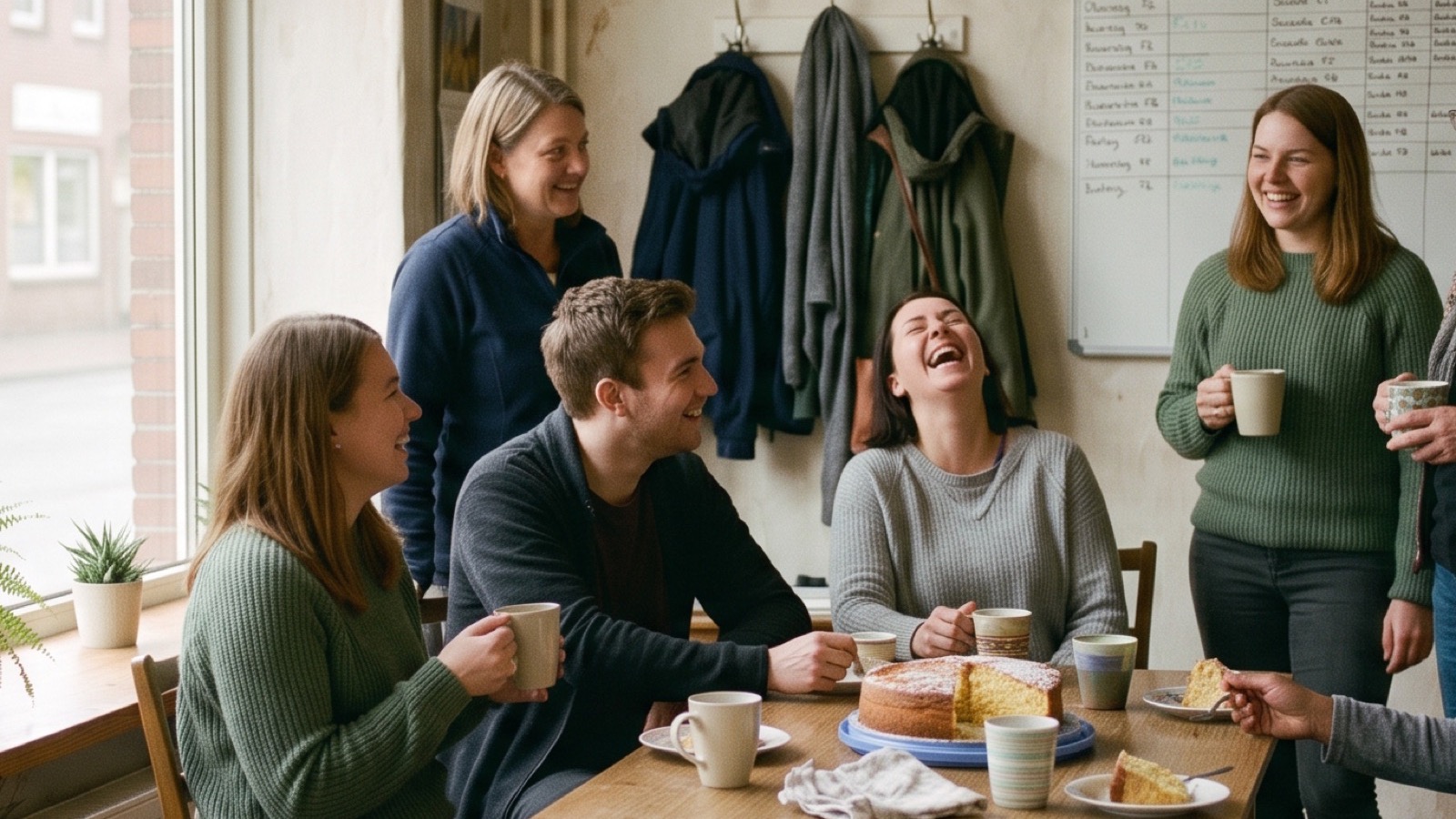 Sieben Kolleginnen und Kollegen sitzen und stehen in der Pause um den Küchentisch im Büro, zwei von ihnen lachen.
