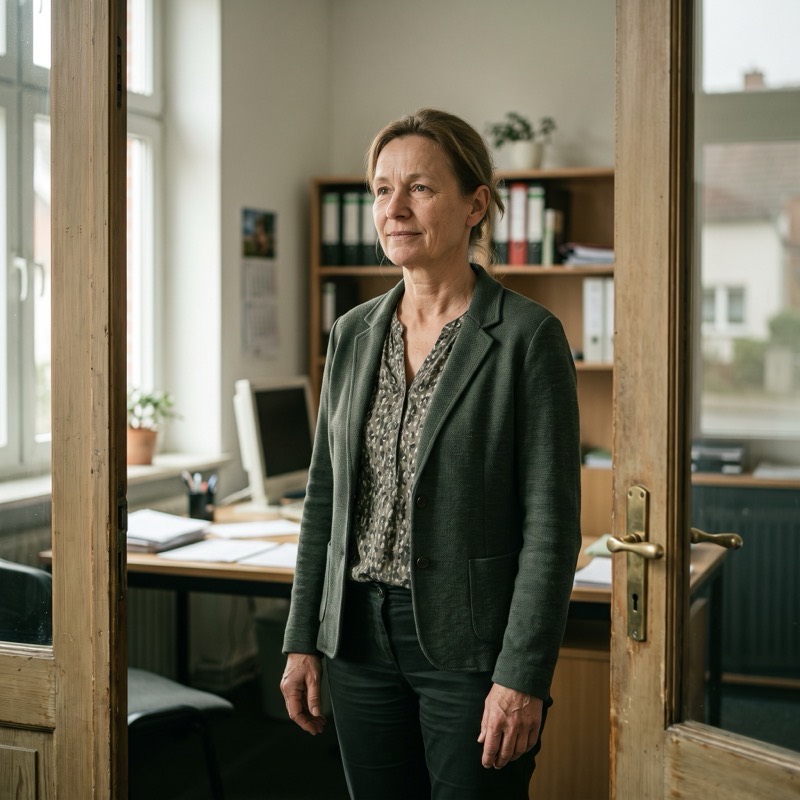 Porträt der Pflegedienstleiterin, freundlich, vor hellem Hintergrund.