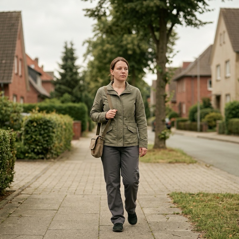 Porträt einer Pflegefachkraft in Dienstkleidung, im Freien.