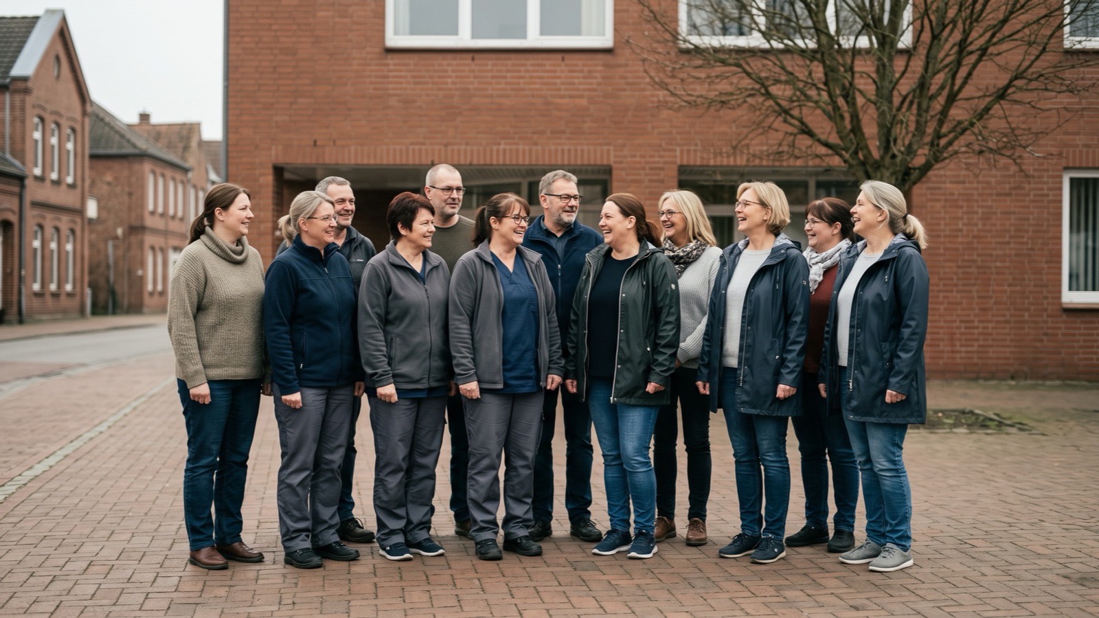 Das Team steht vor dem Bürogebäude, einige in Dienstkleidung, alle blicken in die Kamera.