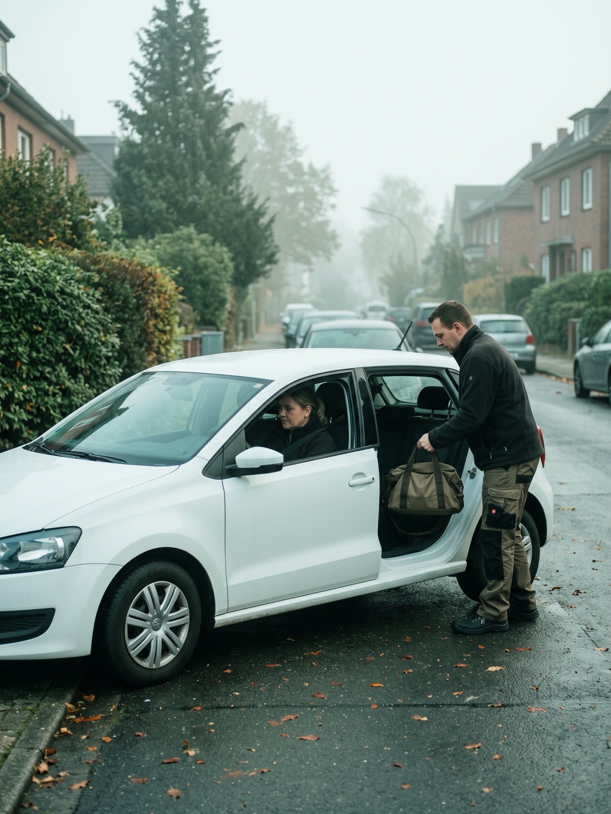 Zwei Pflegekräfte steigen morgens in den Dienstwagen, im Hintergrund eine Wohnstraße.